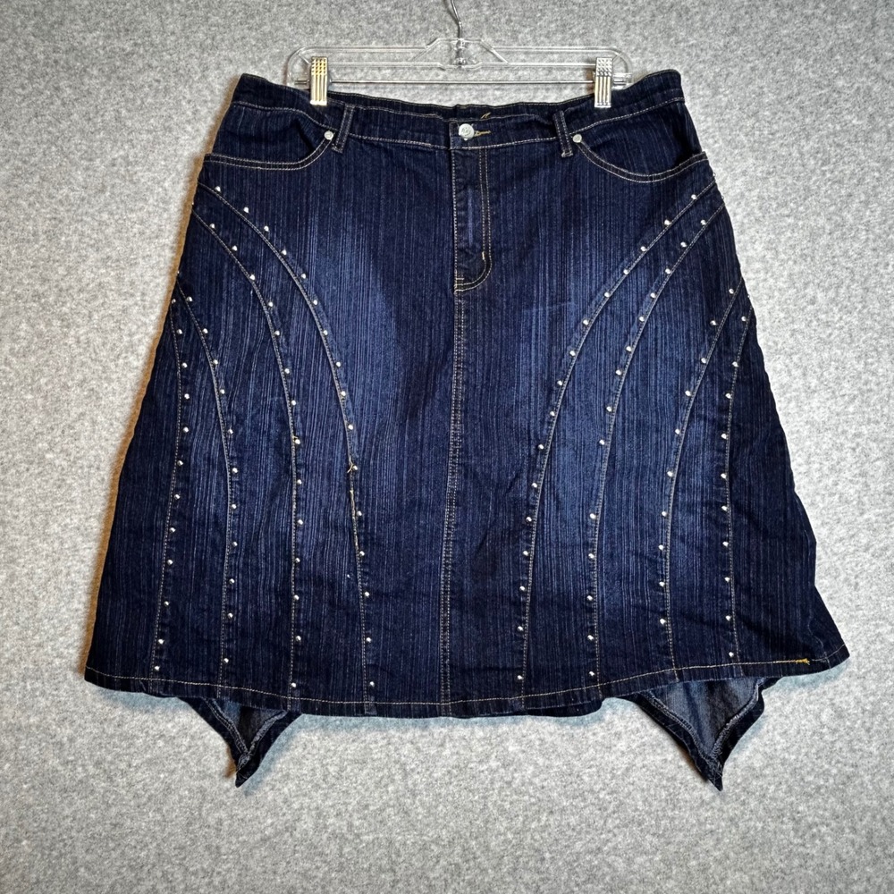 Drama Jeans Denim Skirt Women 18 Dark Wash Studded Handkerchief Hem Y2K Grunge